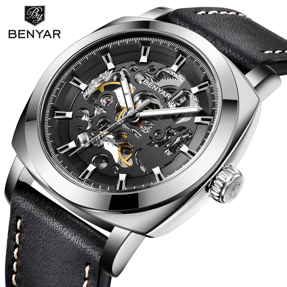 

BENYAR Top Brand Luxury Automatic Mechanical Watch Men Leather Strap Waterproof Mens Watches Fashion Hollow Clock relojes hombre