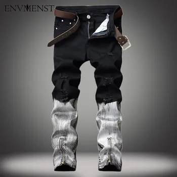 

2017 new quality white black ripped destroyed mens bottoms zipper skinny slim fit painted denim jeans distressed broken swag