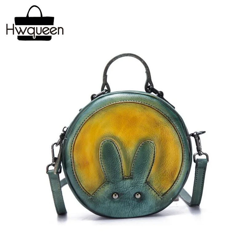 

Lovely Rabbit Designer Handmade Genuine Leather Ladies Small Circular Handbag Cowhide Girls Sling Bag Woman Cross Shoulder Bag