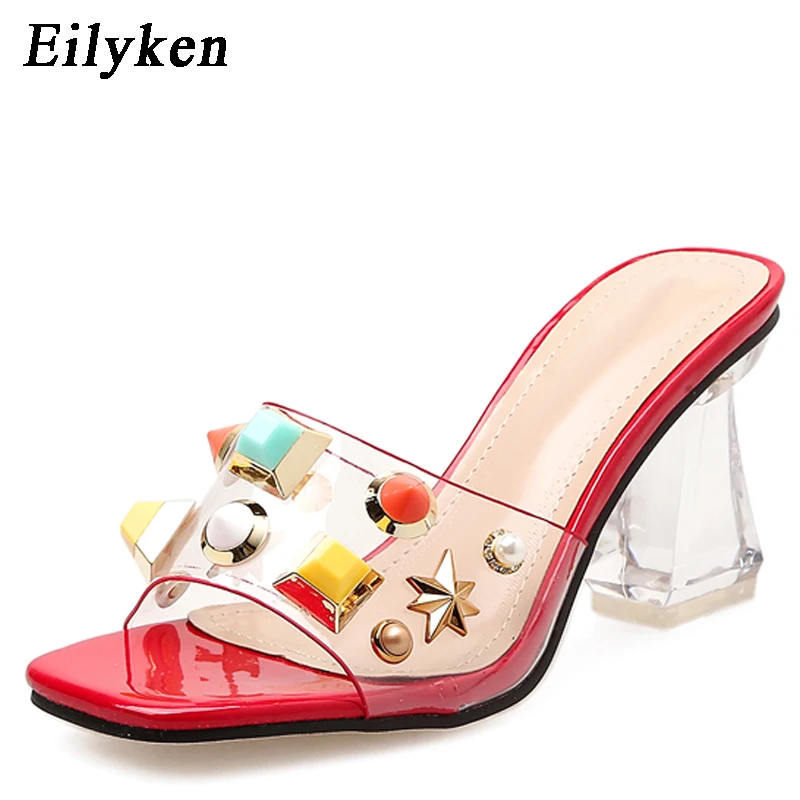 

Eilyken Slippers Women 2019 Summer New Sexy Crystal Transparent high heels Metal Decoration Slides Slippers Women Banquet shoes