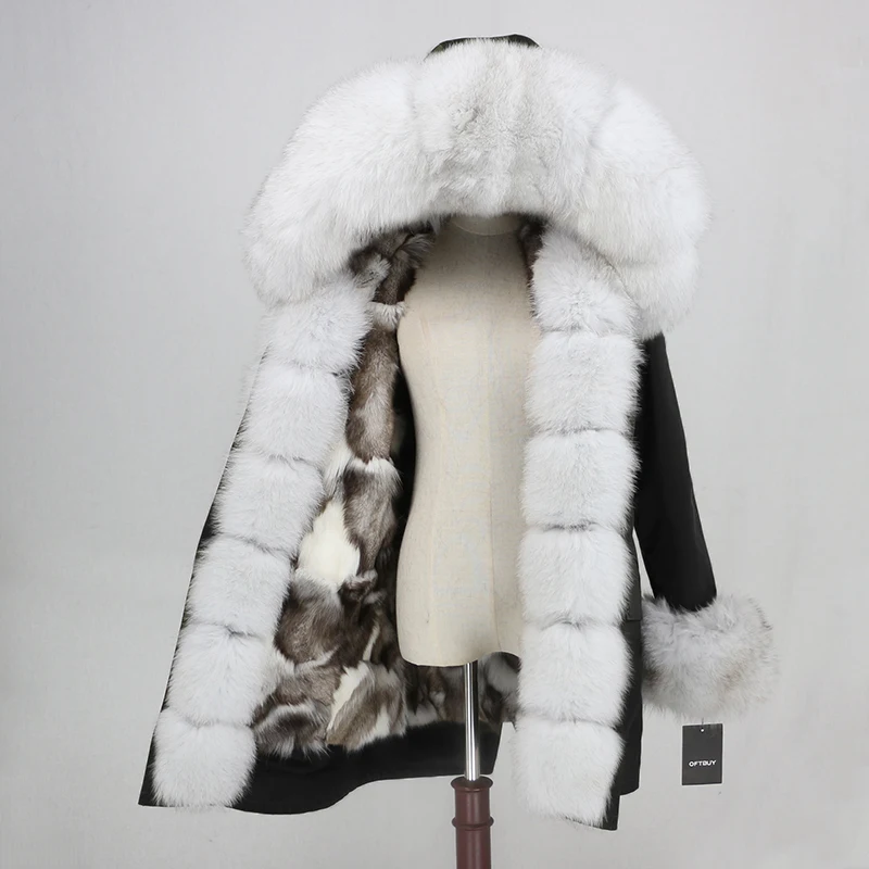 OFTBUY, Водоотталкивающее пальто, Длинная женская парка, натуральный Лисий мех, зимняя куртка, женская верхняя одежда, съемная уличная одежда, толстая теплая куртка - Цвет: black silver white