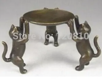 

Decorated Handwork copper Carving 3 Plutus Cat The Candle Platform statue