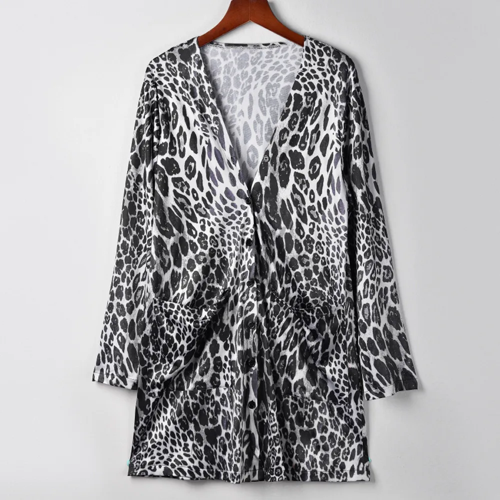 Женское пальто с леопардовым принтом, Модный Кардиган с длинным рукавом и отворотами, Женская лохматая блузка, топы, верхняя одежда# VE10257 - Цвет: Gray