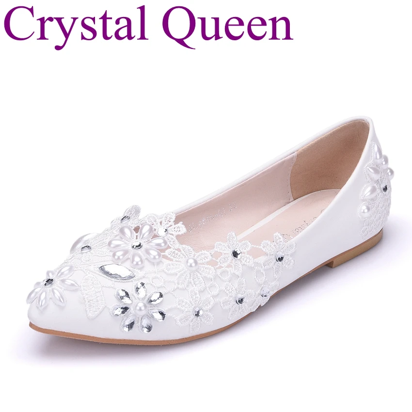 

Crystal Queen Beads Flats Newest fashion low heel lace dress wedding flower dress shallow woman flats pointed toe Ballet flats