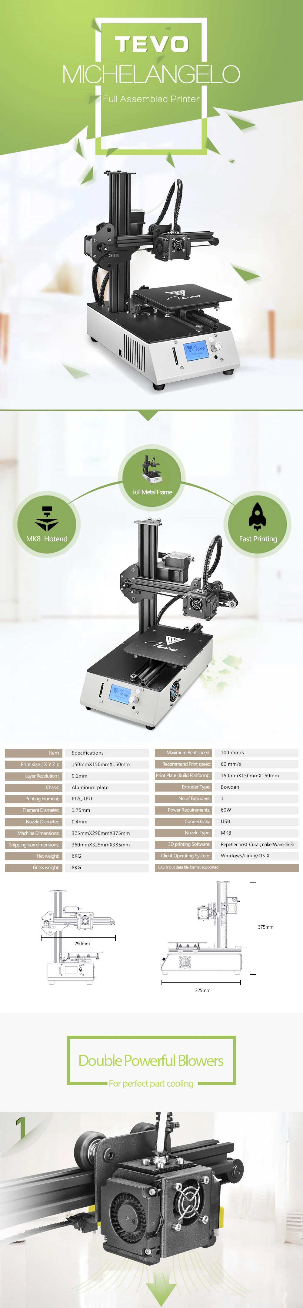 Новейший 3D принтер TEVO Michelangelo Impressora, полностью собранный FDM 3D принтер с титановым Экструдером, 3D печатная машина