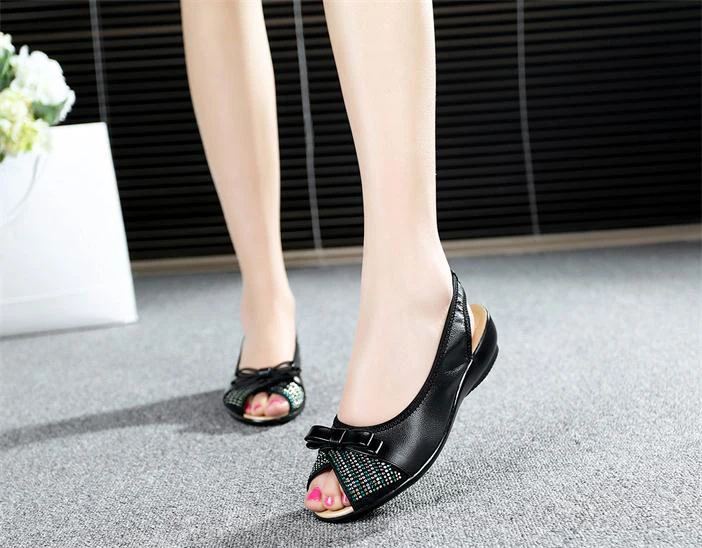 Новомодная летняя обувь больших размеров(35–43) дамские повседневные босоножки из натуральной кожи на танкетке дамские туфли-лодочки дамские босоножки - Цвет: black