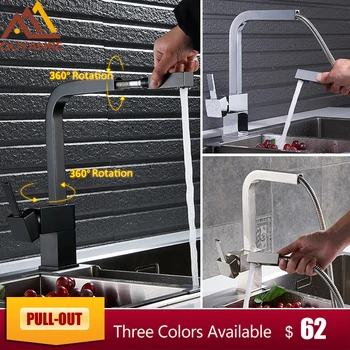

Quyanre Matte Black Square Pull Out Kitchen Faucet Single Handle Mixer Tap 360 Rotation Sprayer Hot Cold Water Mixer Basin Tap