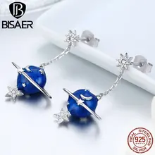 BISAER,, 925 пробы, серебряные серьги-гвоздики с планетой, звездой, луной, для женщин, секретная планета, кубический циркон, серьги, ювелирное изделие EFE016