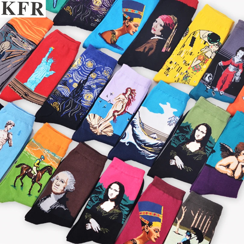 Модные хлопковые носки в стиле Харадзюку для мужчин и женщин, Короткие Носки с рисунком Ван Гога, новинка, забавный рисунок с изображением персонажей, милые женские носки