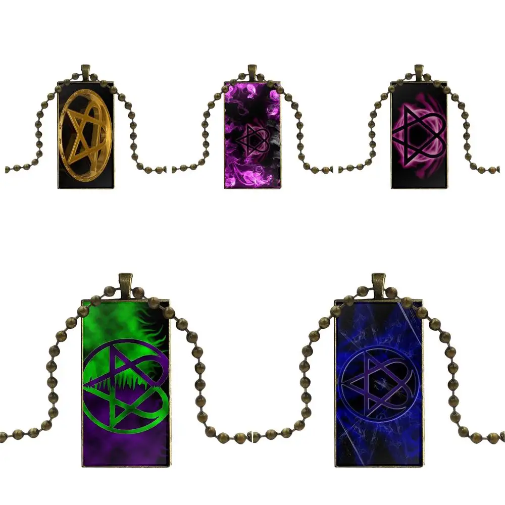 

For Men Women Party Gift Heartagram Logo Vintage Jewelry Bronze Color Glass Cabochon Choker Pendant Long Rectangle Necklace