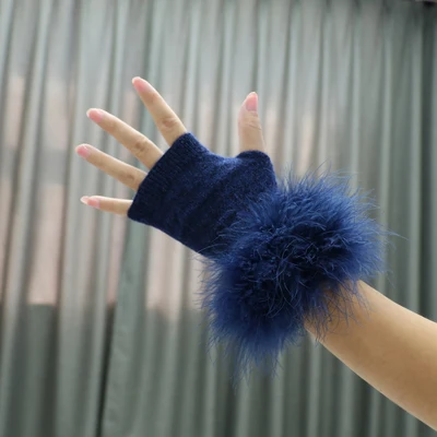 MIARA.L Wool plush gloves lady dew fingers knitted thin warm fur without fingers short students with fake sleeves 