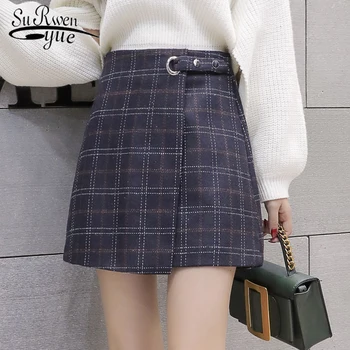 

2018 Autumn and Winter A-Line Skirt Women Fashion Mini Plaid Vintage Skirts Woolen ladies High Waist Feminine skirt 1306 40