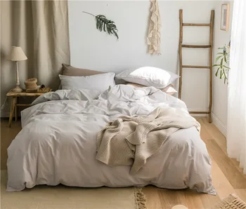 

4Pcs Queen King 100% Washed Cotton Duvet Cover Bed sheet Bedding set Ultra Soft and Easy Care Simple Shabby Grey Bedding Sets