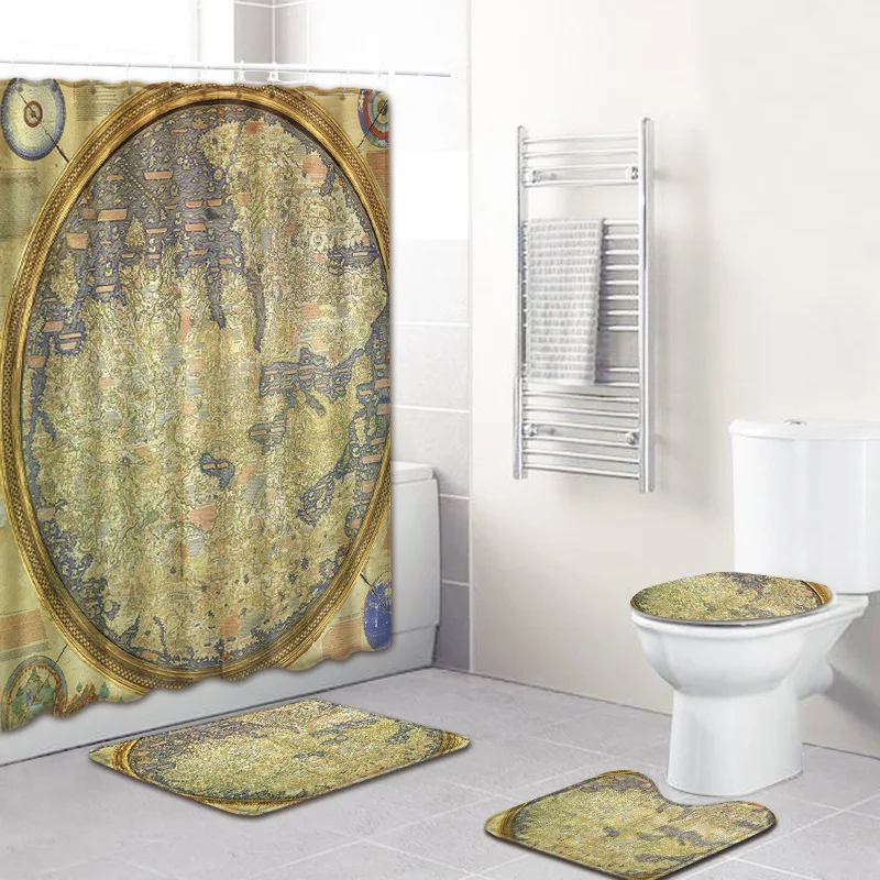 

4pcs/set Colorful World Map Print Shower Curtain Polyester Washable Bath Mat Shower Toilet Cover Rug Set
