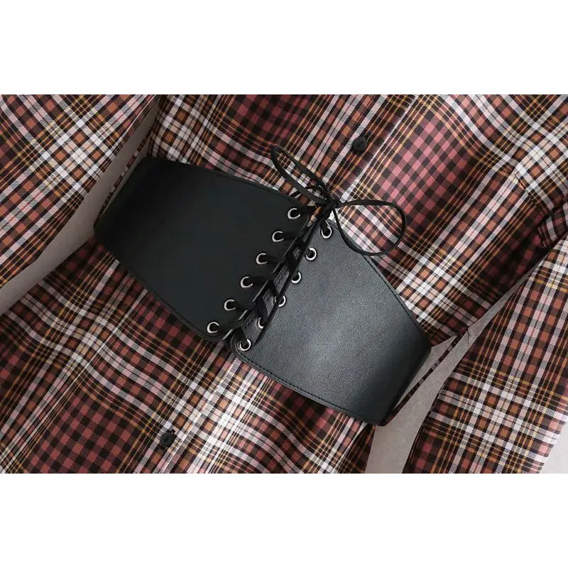 Новые осенние Для женщин Винтаж Plaid Midi платье пояса с отложным воротником и