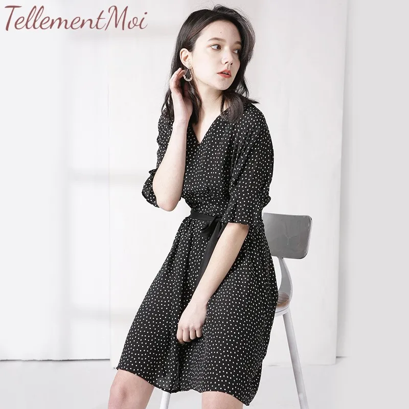 

Elegant Dress For Women 100% Silk V Neck Dot Print Summer Dresses Female Casual A Line Loose Batwing Sleeve Lace Up Vestidos