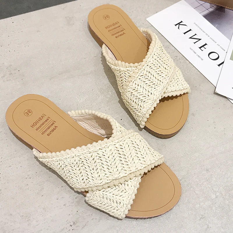 

2019 Summer Slippers Women Shoes Woman Weave Casual Ladies Flat Home Indoor Slipper Slides Women Flip Flops Pantufa Buty Damskie