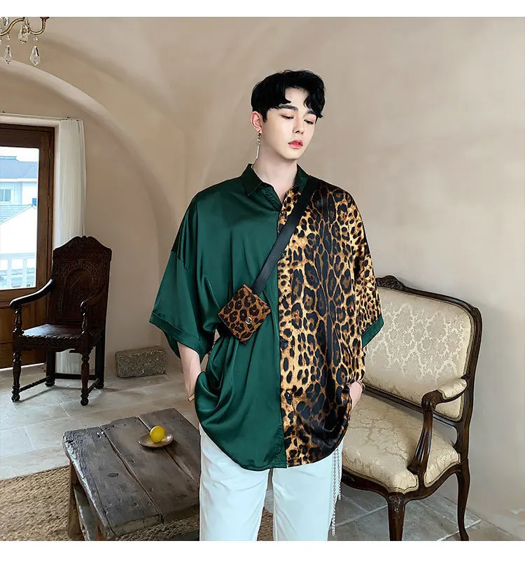 2019 мужские повседневные рубашки уличная хип-хоп мода Свободный сценический показ вечерние рубашки мужские с коротким рукавом леопардовая