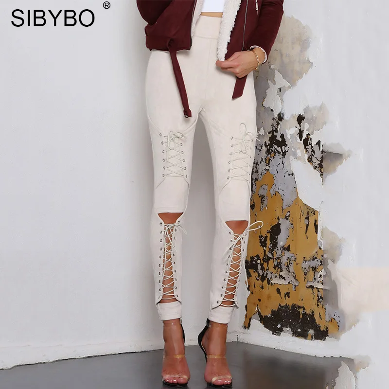 Sibybo, женские замшевые брюки на шнуровке, Осенние, новые, открытые, обтягивающие, сексуальные брюки, женские, бандажные, длинные, повседневные, женские брюки - Цвет: Хаки