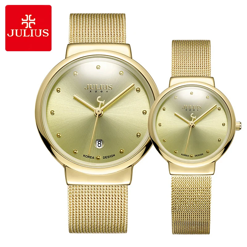 Тонкий Для мужчин смотреть Для женщин кварцевые часы Японии пара часов модные золотые Нержавеющая сталь браслет Любителя подарок на день
