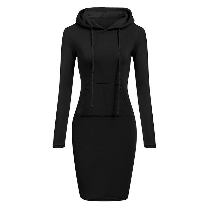 

Autumn Winter Warm Sweatshirt Long-sleeved Dress Woman Clothing Hooded Collar Pocket Design Pullovers Simple Woman Dress 2019