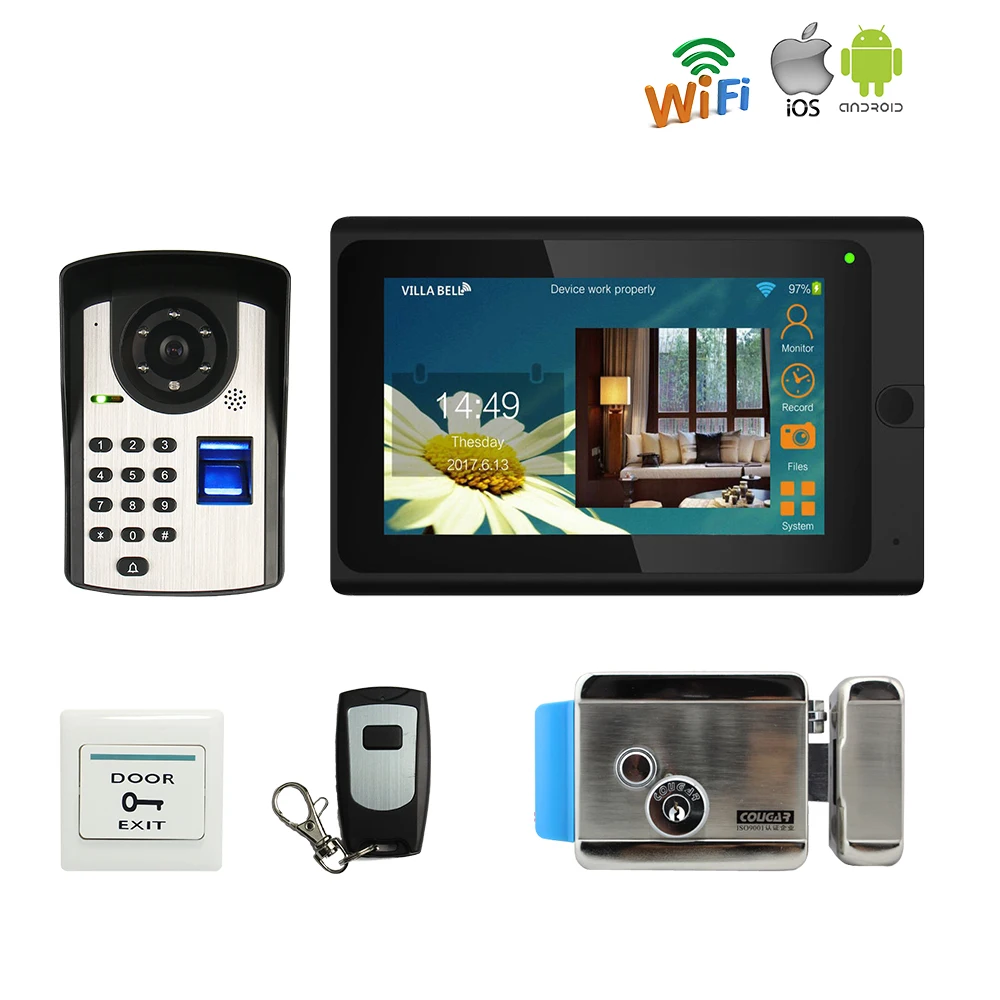 

FREE SHIPPING 720P WIFI IP 7" Touch Screen Video Intercom Door Phone Record Kit Fingerprint Keypad Unlock Camera Electric Lock