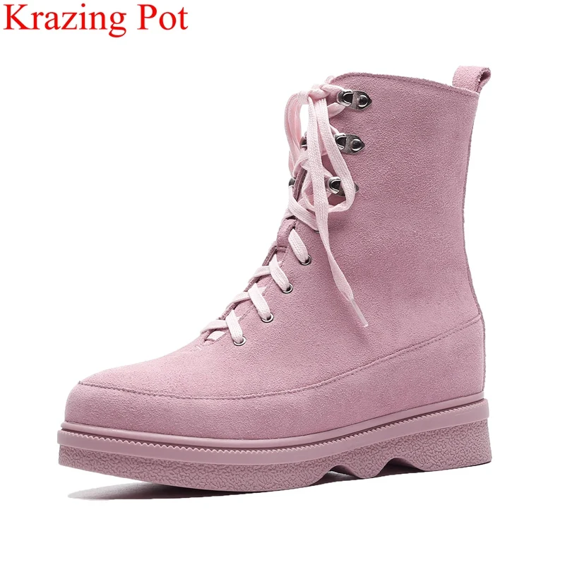 

new arrival big size elegant med heels lace up women mid-calf boots increased keep warm round toe punk style winter shoes L83