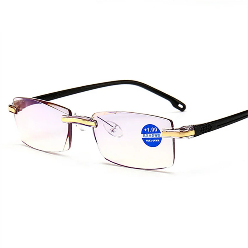 Модные квадратные очки без оправы для чтения, мужские очки против синего излучения, компьютерные очки для женщин, очки для пресбиопии+ 1,5+ 2,0+ 2,5 - Цвет оправы: Black