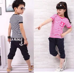 

hot selling retail cotton kids boy and girl summer suit striped t-shirt + marine design pants 2pcs clothing set 2colors
