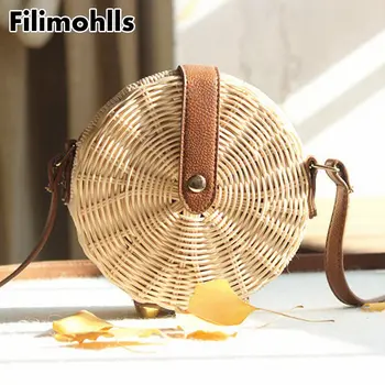 

2019 Women Straw Bag Bohemian Bali Rattan Beach Handbag Small Circle Lady Vintage Crossbody Handmade Kintted Shoulder Bags F-84