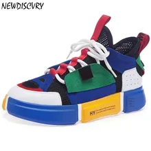 

NEWDISCVRY Genuine Leather Mesh Women's Sneakers 2018 Fashion Mixed Color Breathable Women Platform Shoes Lace Up Woman Footwear