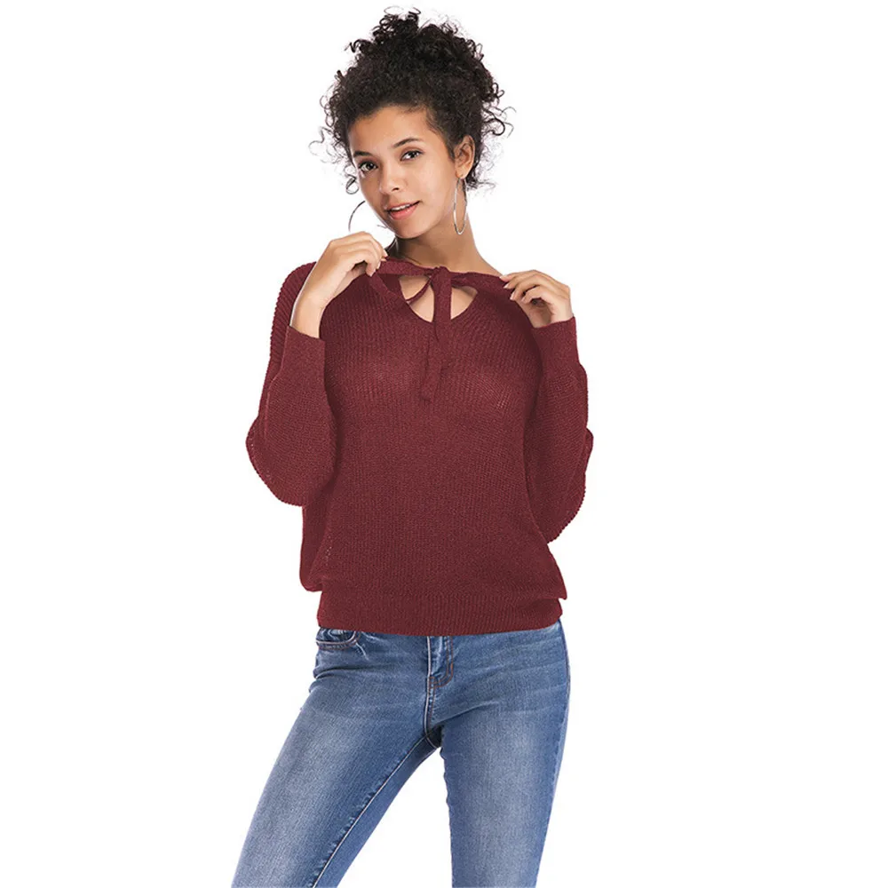 2018 autumn and winter new women's loose tie with two sides wearing sweaters solid color small V-neck pullover tops