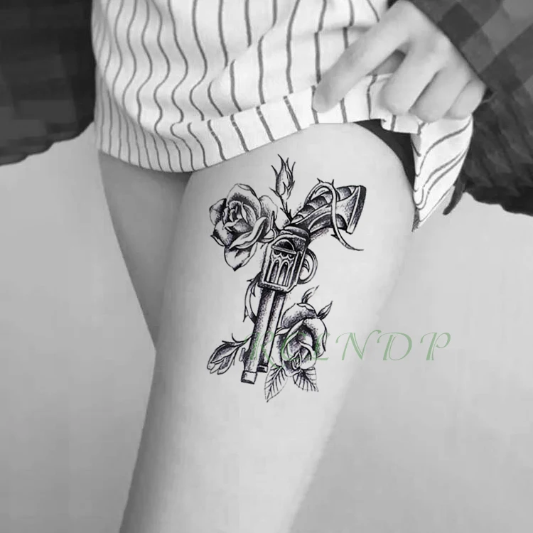 Водостойкая временная татуировка наклейка винтажный пистолет с розой Сексуальная вспышка бедра Тато ноги татуировки поддельные татуировки для девушек женщин мужчин