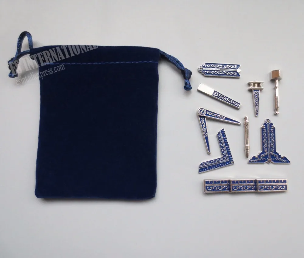 Набор из 9 различных синих масонских рабочих инструментов значок с бархатной сумкой масон, вольный каменщик миниатюрный масон подарки