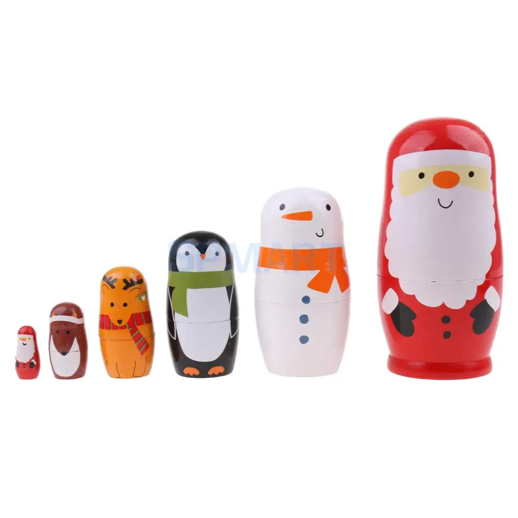 6Pcs Cute Hand Painted Wooden Russian Nesting Babushka Matryoshka Santa Claus Dolls Home Office Decor Christmas Gift