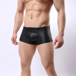 Сексуальные мужские искусственная кожа трусы-боксеры с изображением Эротическое белье мужские облегающие нижнее белье цвета металлик