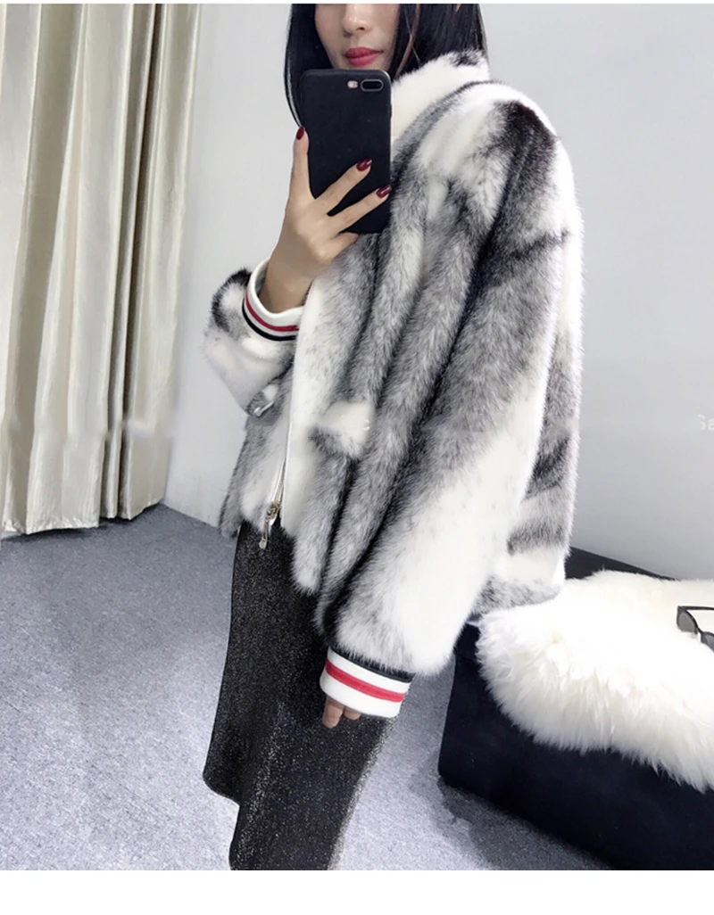 LVCHI Winter2017 полное пальто из меха норки Женские Длинные рукава меховые молнии для пальто с круглым вырезом тонкий карман короткие 4 цвета норковые шубы