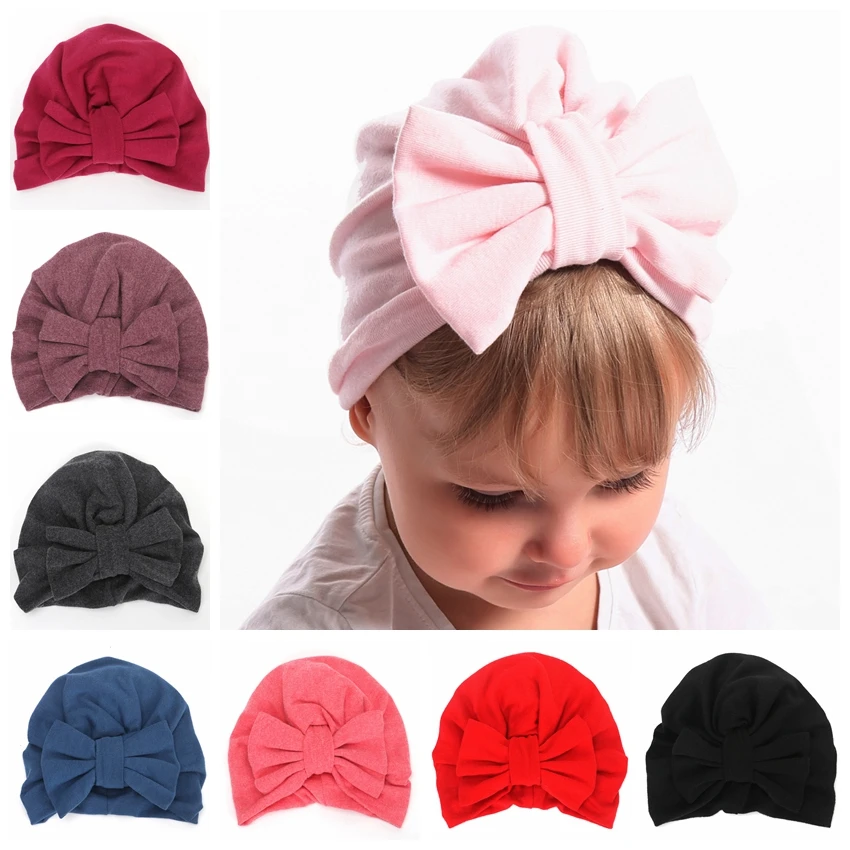 

Yundfly Cotton Blend Turban Hat Kids Newborn Big Bow Knot Beanie Stylish Top Knot Caps Shower Headwear Birthday Gift Photo Props