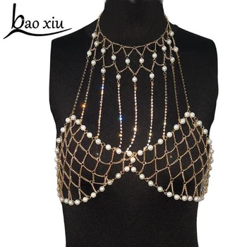

2018 Exaggerated beaded pendants Collar necklace women trendy pearl choker necklace Sexy Bra body jewelry gold shoulder chain