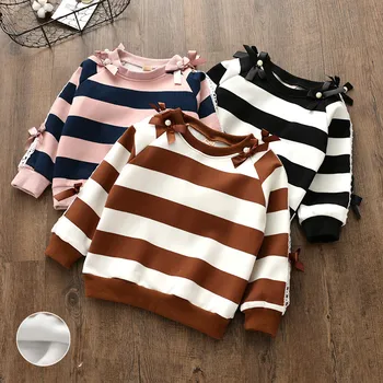 

2018 Cute Winter Fleece Kids Girls Shirts Striped Casual Children Thick Warm Outerwear Girls Flower Bead Jumper Blouse Clothes