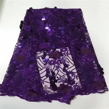 

Africa Lace Fabric purple sequins Beads High Quality Mesh Embroidery 3D Flower Tulle Nigerian Lace Fabrics For Bridal dress