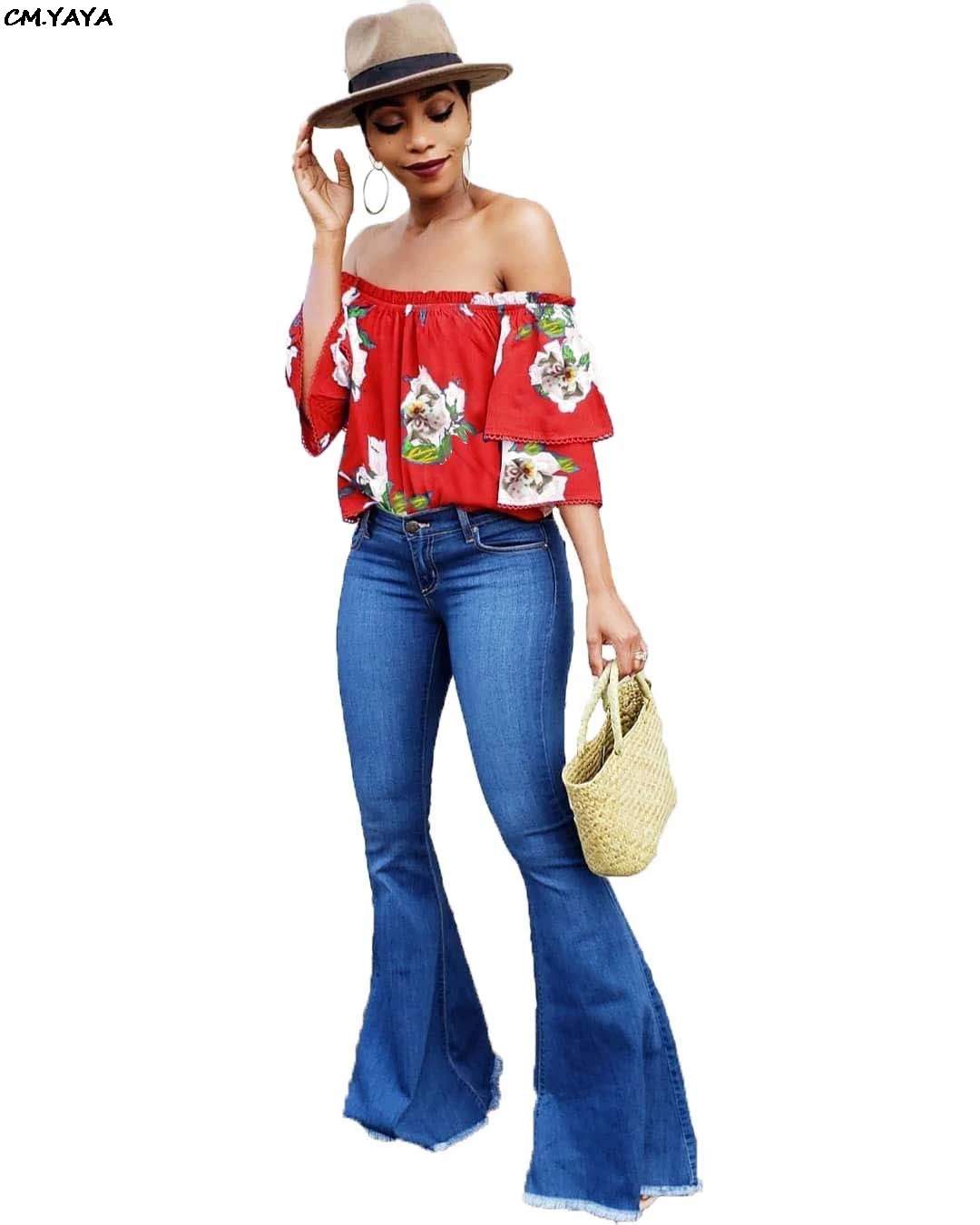 

2019 new women flare long sleeve floral print off shoulder slash neck beach bohemian summer blouses and shirts fashion top L0250