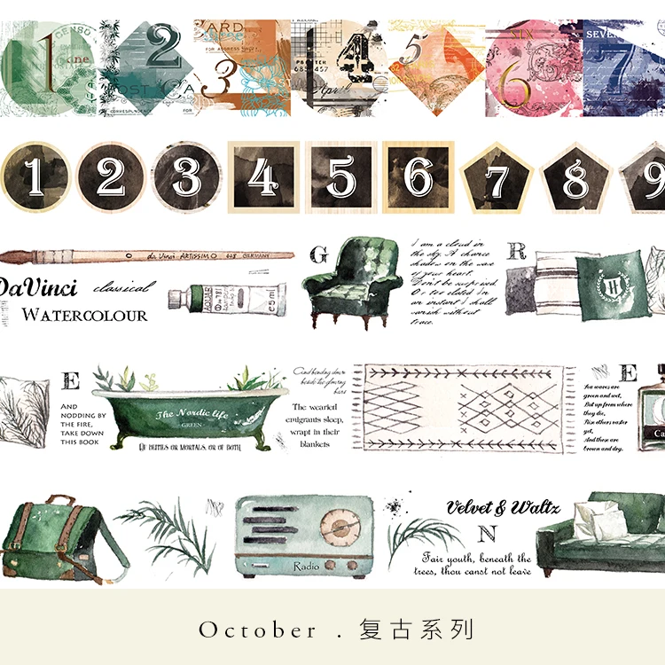 

Vintage Color Collage number Retro Special ink objects Decorative Washi Tape DIY Scrapbooking Sticker Label Masking Tape Escolar