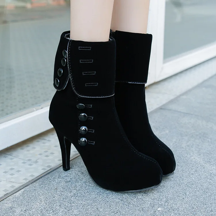 Fashion Women Ankle Boots High Heels Fashion Red Shoes Woman Platform Flock Buckle Boots Ladies Shoes Female PLUE 42