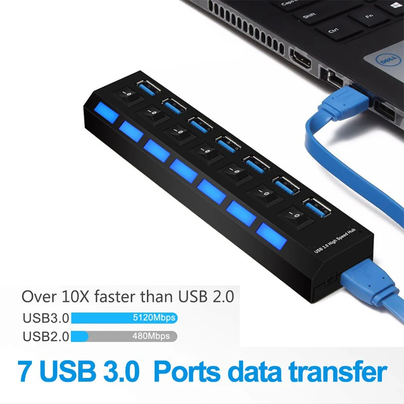 USB HUB 3,0 Супер скорость 5 Гбит/с 7 портов USB 3,0 usb-хаб с переключателем включения/выключения Platooninsert для компьютера ноутбука периферийные устройства