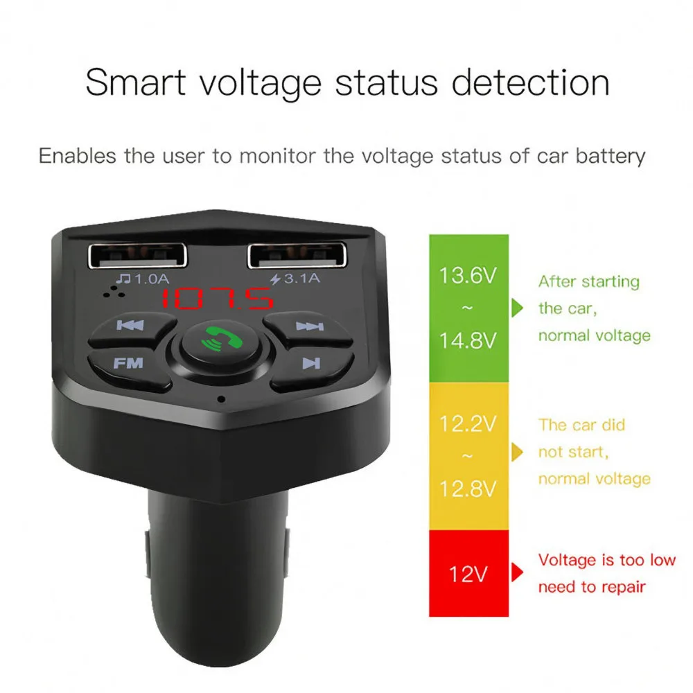 Bluetooth 5.0 Voltage Digital Display Car FM Transmitter Handsfree Dual 2 USB Phone Charger 3.1A 1A TF Card U disk MP3 player best type c car charger