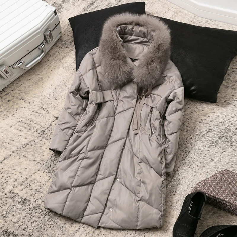 Зимний женский пуховик, большой воротник из натурального Лисьего меха, длинная парка, зимняя одежда, теплое плотное пуховое пальто, женская зимняя куртка