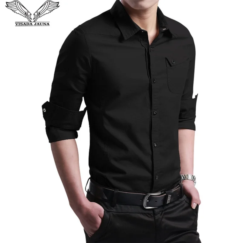 

VISADA JAUNA 2018 New Fashion Casual Men Shirt Long Sleeve Pocket Design Shirt Men Fit Slim Solid Homme Camisas Plus Size N8962
