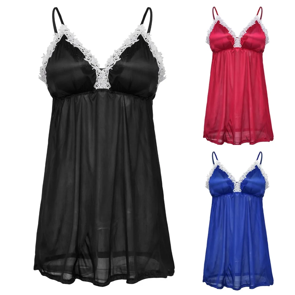 

summer New Deep Women Satin Nightgown V-Neck Lace Lingerie Silk Satin Sleepwear Nightdress Underwear Thong lace sleepwear Women