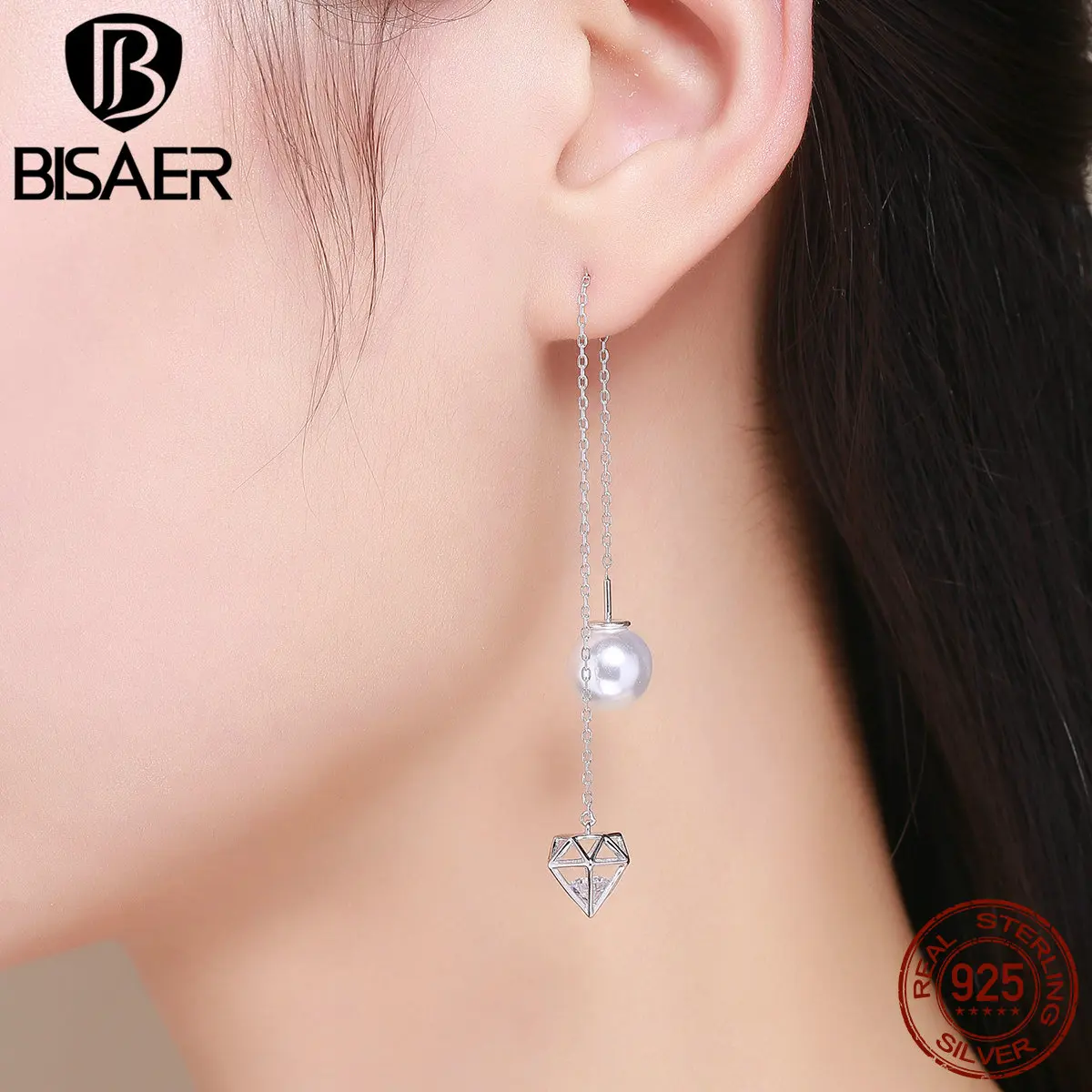 Real 100% 925 Sterling Silver White Elegance Simulated Pearl Women Long Drop Earrings Girl Earrings Sterling Silver Jewelry Gift